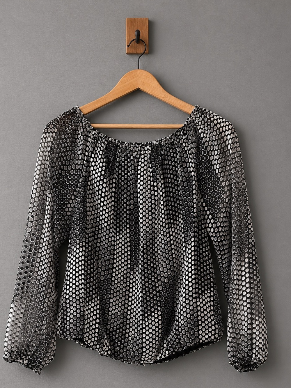 WHBM Off Shoulder Polka Dot Blouse SP Black White Sheer Bubble Hem Top